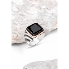 Silverplus Gümüş Onix Taşlı Çizgili Kasa Erkek Yüzük