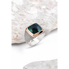 Silverplus Gümüş Fasetli Yeşil Zirkon Taşlı Çizgili Kasalı Erkek Yüzük