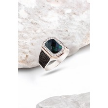 Silverplus Gümüş Yeşil Faset Taşlı Süslemeli Erkek Yüzük