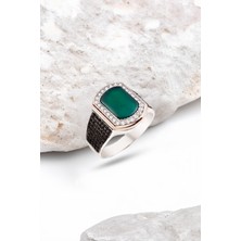 Silverplus Gümüş Yeşil Akik Taşlı Süslemeli Erkek Yüzük