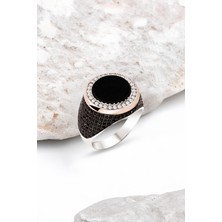 Silverplus Gümüş Siyah Onix Taşlı İşlemeli Erkek Yüzük