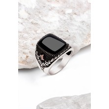 Silverplus Gümüş Onix Taşlı Yanları Tuğralı Erkek Yüzük