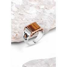 Silverplus Düz Kaplan Gözü Taşlı Gümüş Erkek Yüzük