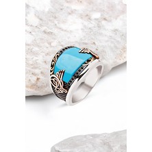 Silverplus ​​​Gümüş Özel Kesim Sıkma Turkuaz Taşlı Zirkon İşlemeli Erkek Yüzük