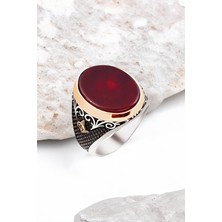 Silverplus ​Gümüş Özel Kesim Akik Taşlı Tuğralı İşlemeli Erkek Yüzük