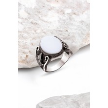 Silverplus Gümüş Beyaz Onix Taşlı Osmanlı Armalı Erkek Yüzük