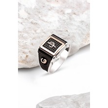 Silverplus Gümüş Siyah Zirkon Üzeri Elif Vav Temalı Detaylı Erkek Yüzük