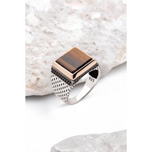 Silverplus Gümüş Kaplan Gözü Taşlı Zirkon Süslemeli Kare Erkek Yüzük