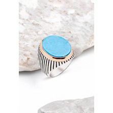 Silverplus Gümüş Turkuaz Taşlı Çizgili Kasa Erkek Yüzük