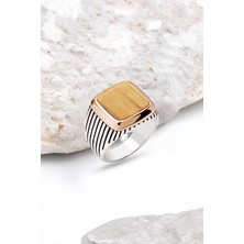 Silverplus Gümüş Kaplan Gözü Taşlı Çizgili Kasalı Erkek Yüzük