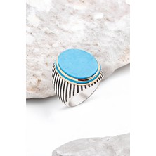 Silverplus Gümüş Turkuaz Taşlı Yanları Mine Süslemeli Çizgili Kasa Erkek Yüzük