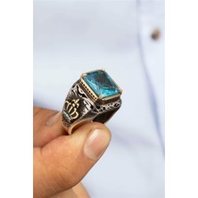 Aqua Ve Firuze Taşlı Taç Figürlü Otantik Gümüş Erkek Yüzük