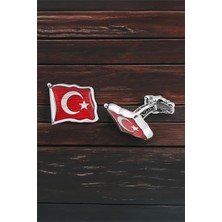 Silverplus Gümüş Dalgalı Türk Bayrağı Mineli Kol Düğmesi