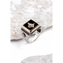 Silverplus Gümüş Siyah Onix Taşlı Üzeri Tuğralı Erkek Yüzük