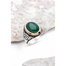 Silverplus Gümüş Yeşi Akik Kapşon Taşlı Erkek Yüzük