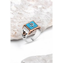 Silverplus Sıkma Turkuaz Taşlı Üzeri Elif-Vav Gümüş Erkek Yüzük