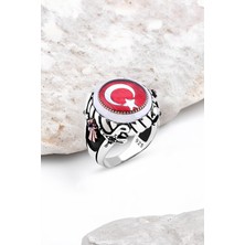 Silverplus Mineli Türk Bayrağı Kenarı Çember Taşlı Gümüş Erkek Yüzük