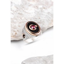 Silverplus Gümüş Kırmızı Zirkon Taşlı Motifli Erkek Yüzük