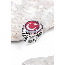 Silverplus Mineli Türk Bayrağı Kenarı Çember Taşlı Gümüş Erkek Yüzük