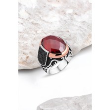 Silverplus Kesme Kırmızı Zirkon Taşlı Gümüş Erkek Yüzük
