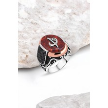 Silverplus Sentetik Kehribar Elif-Vav Motifli Gümüş Erkek Yüzük