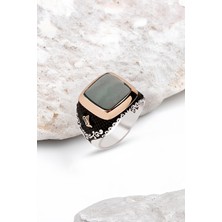 Silverplus Gümüş Yeşil Akik Taşlı Yanları Osmanlı Tuğralı Motifli Erkek Yüzük