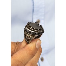 Oval Siyah Oniks Taşlı Hasbiyallah Yazılı Gümüş Erkek Yüzük