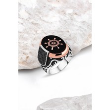 Silverplus Onix Taş Üzeri Gemi Dümeni Kenarı Minik Siyah Zirkon Taşlı Gümüş Erkek Yüzük