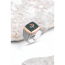 Silverplus Yeşil Akik Taş Üzeri Elif-Vav Yazılı Gümüş Erkek Yüzük