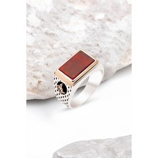 Silverplus Gümüş Akik Taşlı Yanı Tuğralı Noktalı Kasa Erkek Yüzük