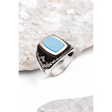 Silverplus Gümüş Sıkma Turkuaz Taşlı Yanları Osmanlı Tuğralı Erkek Yüzük