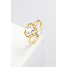 Altın Kaplama Kalp Motifli 925 Ayar Gümüş Bayan Yüzük