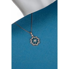 925 Ayar Gümüş Firuze Ve Zirkon Taşlı Rose Çiçek Motifli Bayan Kolye