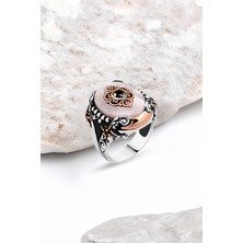 Silverplus Sedef Taşlı Ortası Zirkon Taşlı Kenarı Kılıçlı Gümüş Erkek Yüzük