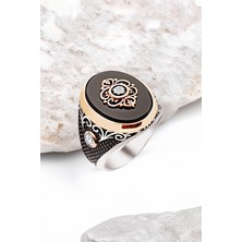 Silverplus Gümüş Onix Taş Üzeri Motif İşlemeli Erkek Yüzük