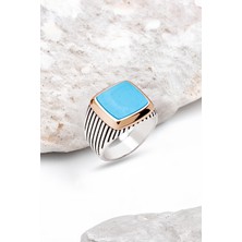 Silverplus Gümüş Sıkma Turkuaz Taşlı Çizgili Kasalı Erkek Yüzük