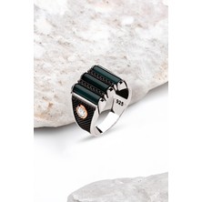 Silverplus Gümüş 3 Parça Yeşil Akik Taşlı Erkek Yüzük