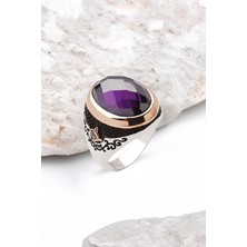 Silverplus ​Gümüş Fasetli Ametist Taşlı Kenarları Osmanlı Tuğralı Erkek Yüzük