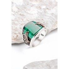 Silverplus Gümüş Özel Kesim Yeşil Akik Taşlı Osmanlı Tuğralı Erkek Yüzük