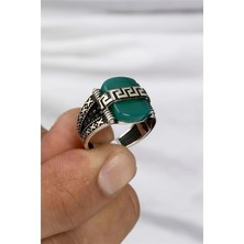 Yeşil Akik Taş Üzeri Grek Motifli Gümüş Serçe Parmak Erkek Yüzük