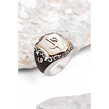 Silverplus Gümüş Özel Kesim Sedef Taşlı Elif Vav İşlemeli Erkek Yüzük