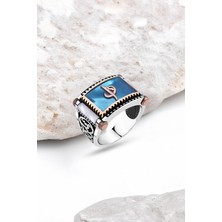 Silverplus Turkuaz Mine Üzeri Elif-Vav Yanları Sedef Gümüş Erkek Yüzük