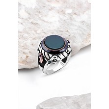 Silverplus Ortası Yeşil Akik Taşlı Kenarı Çember Taşlı Gümüş Erkek Yüzük