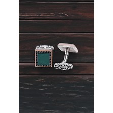 Silverplus Gümüş Yeşil Akik Taşlı Siyah Zirkon İşlemeli Kol Düğmesi