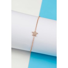 Rose Renk Zirkon Taşlı 925 Ayar Gümüş Minimal Yıldız Bayan Bileklik