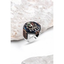 Silverplus Sentetik Kehribar Osmanlı Devlet Armalı Gümüş Erkek Yüzük