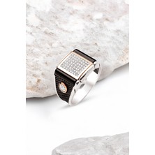 Silverplus Gümüş Beyaz Zirkon İşlemeli Detaylı Erkek Yüzük