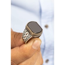 Dikdörtgen Siyah Oniks Taşlı Zincir Motifli Gümüş Erkek Yüzük