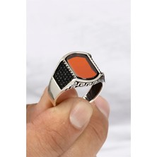 Kırmızı Akik Ve Zirkon Taşlı Gümüş Erkek Yüzük