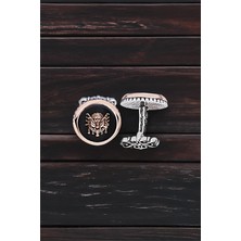 Silverplus Gümüş Onix Taşlı Osmanlı Armalı Yuvarlak Model Kol Düğmesi